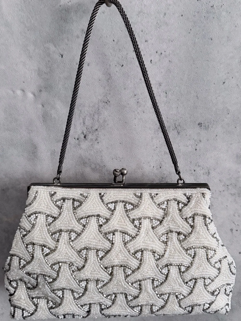 VTG Beaded Clutch Evening Bag Off Wht Silver Geometric Art Deco Purse Chain Str